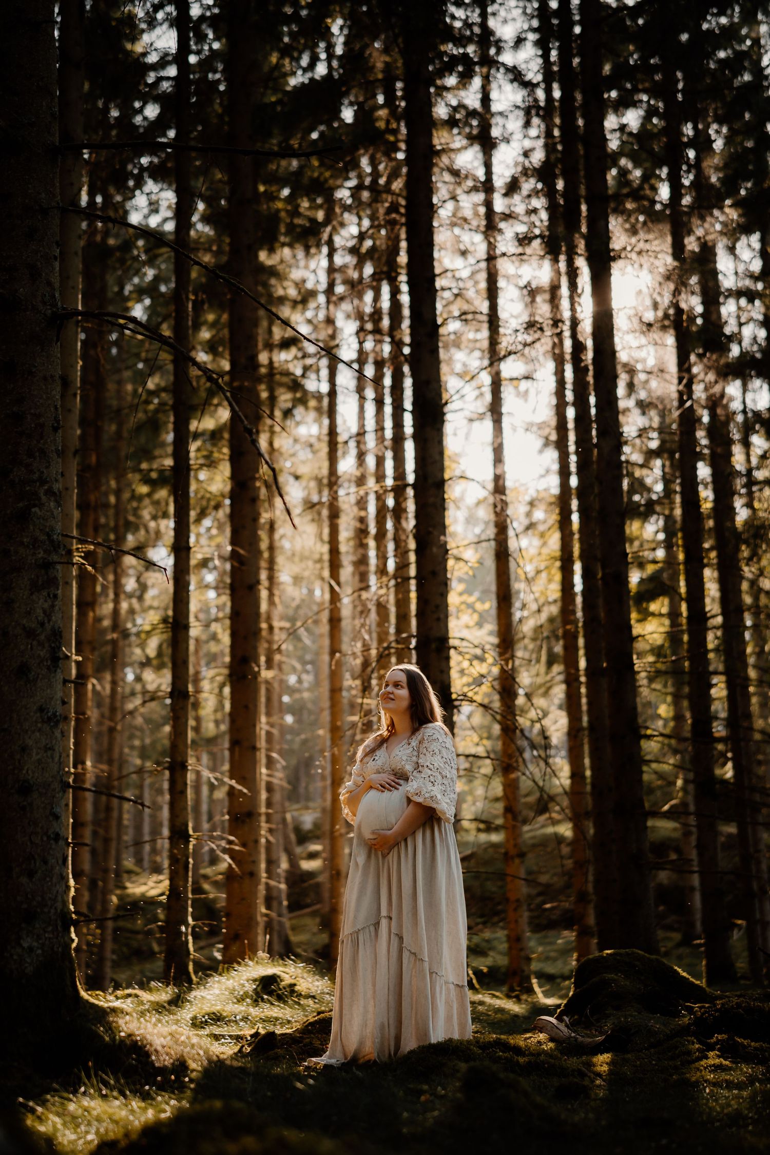 Ethereal sunlight streams through tall pine trees in a misty forest as figure in flowing white dress stands in golden light.