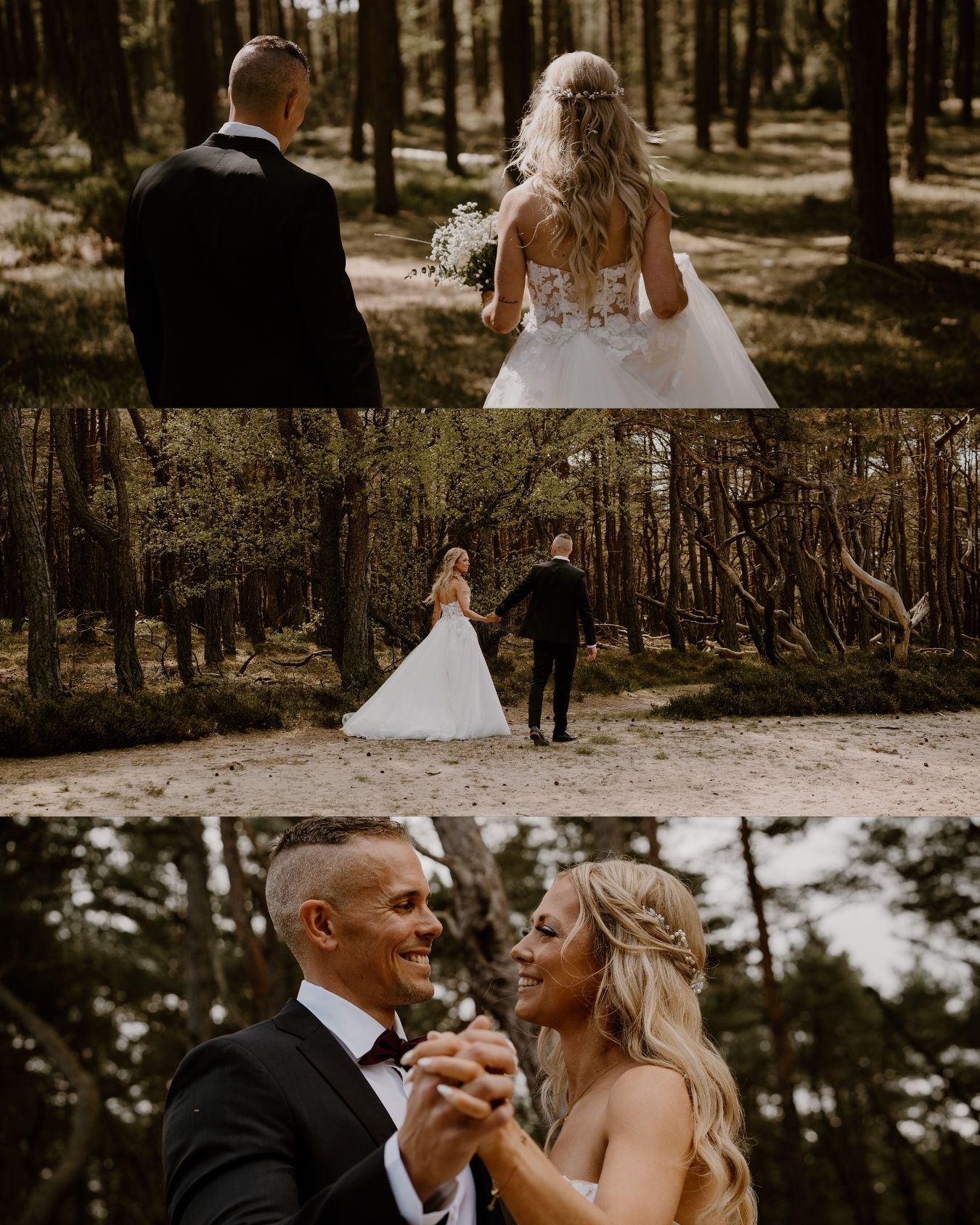 A romantic wedding couple walks through a sunlit forest path in formal attire, capturing intimate moments together.