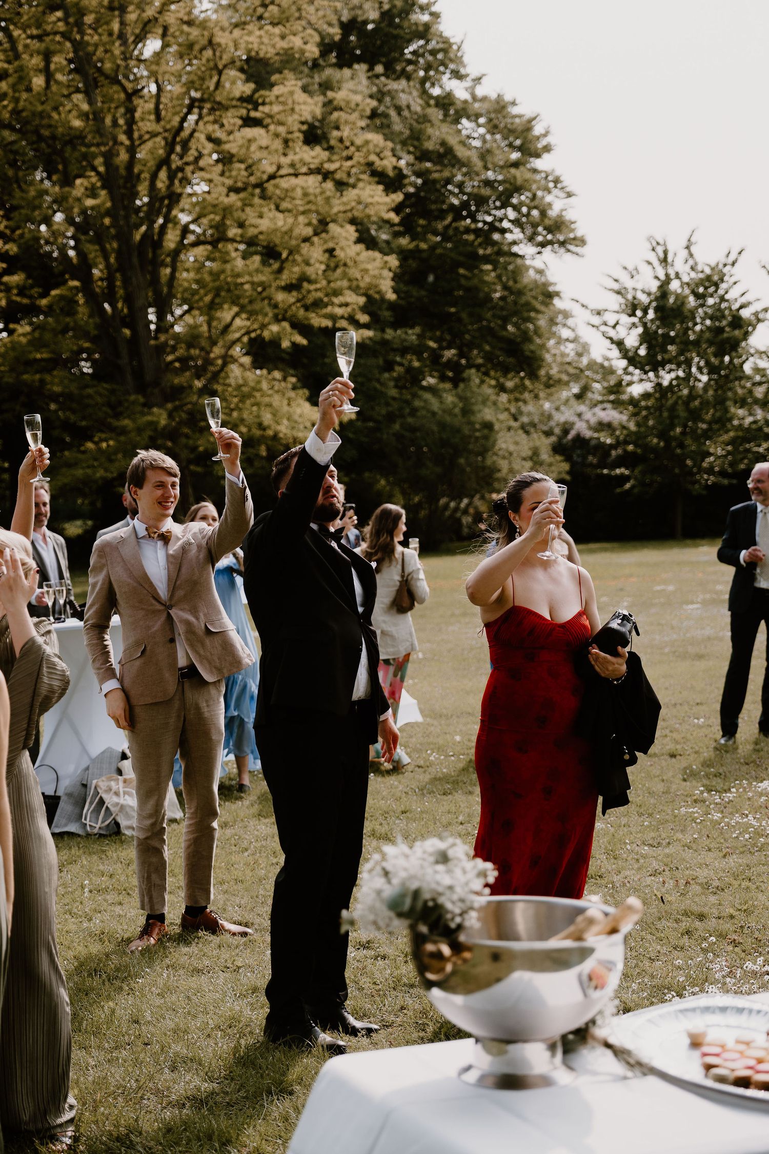 Wedding guests raise their glasses in a celebratory toast during an outdoor reception on a grassy field.