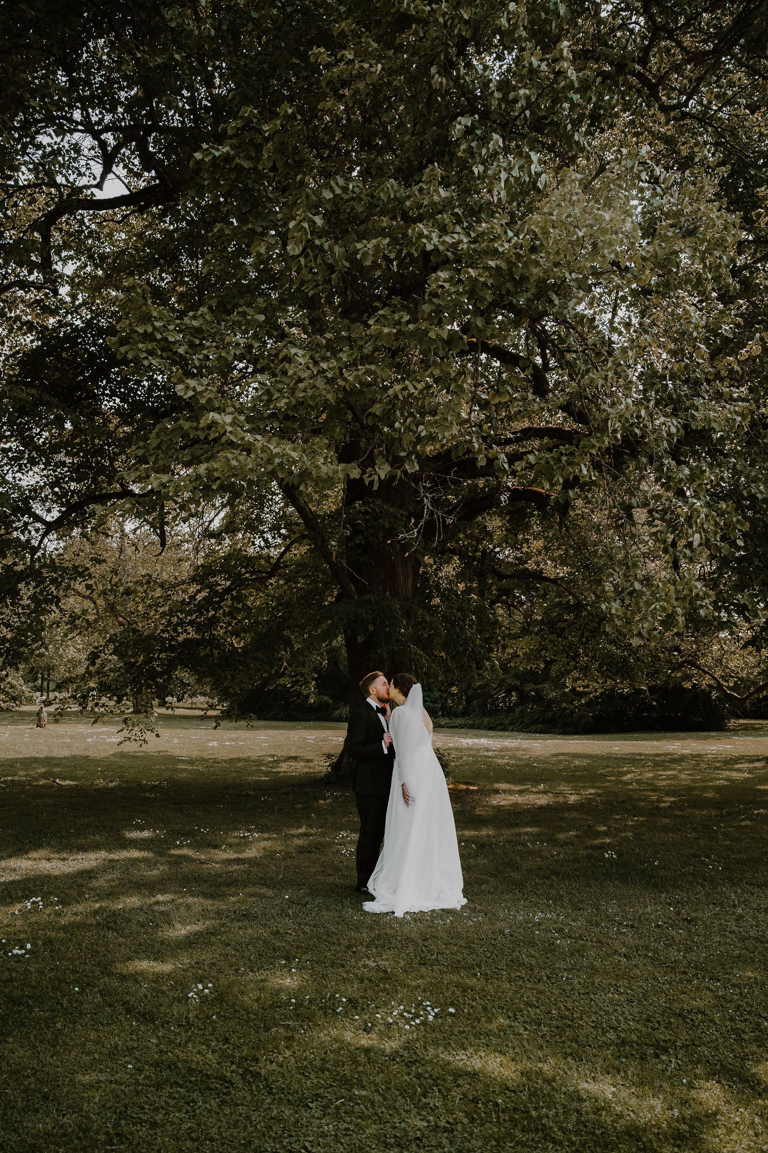 A couple in wedding attire embrace while standing in a sunlit garden beneath towering trees.