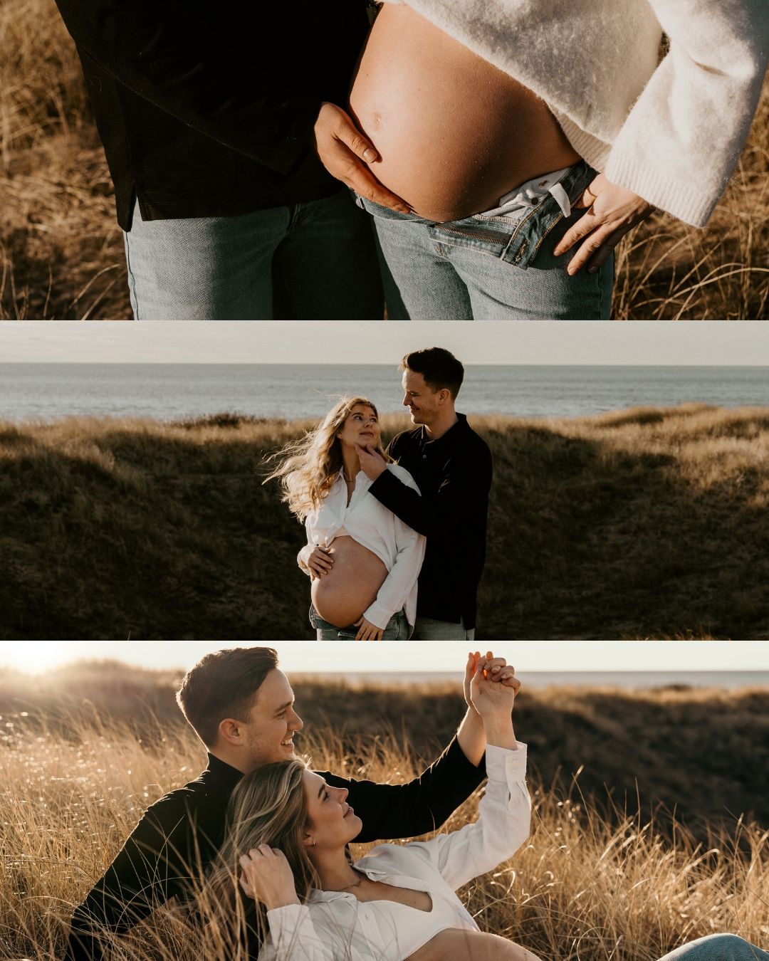 A romantic photography series showing a couple embracing in golden sunlit fields during sunset.