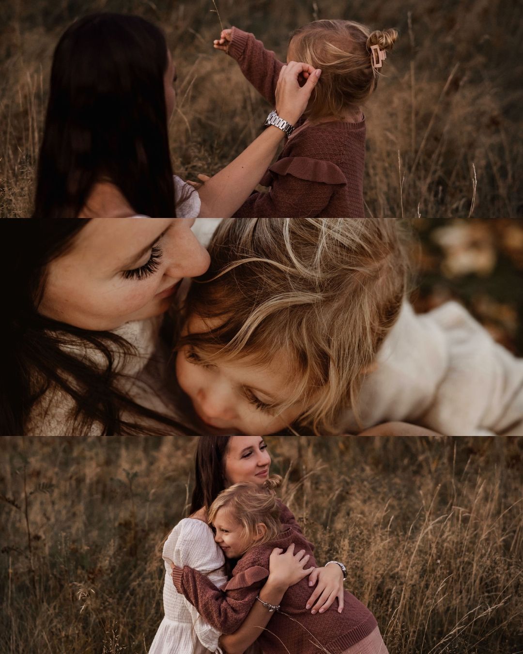 Three warm-toned photographs show tender moments between two people outdoors in tall grass at golden hour.