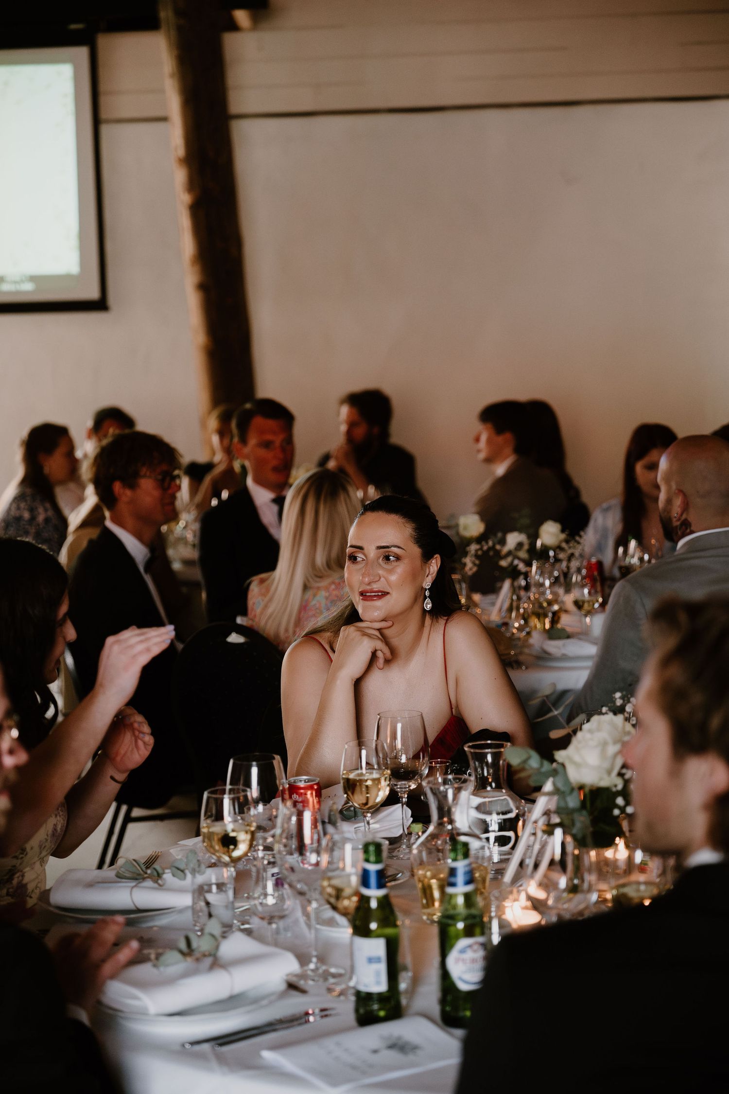 Guests gathered at elegant dinner party with wine glasses and formal place settings in warm candlelit setting.