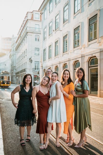 Wandersoul Stories Bachelorette Party Photos - bride with friends in lisbon in the street