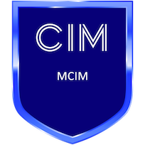 Blue shield-shaped logo displaying CIM MCIM text in white letters.