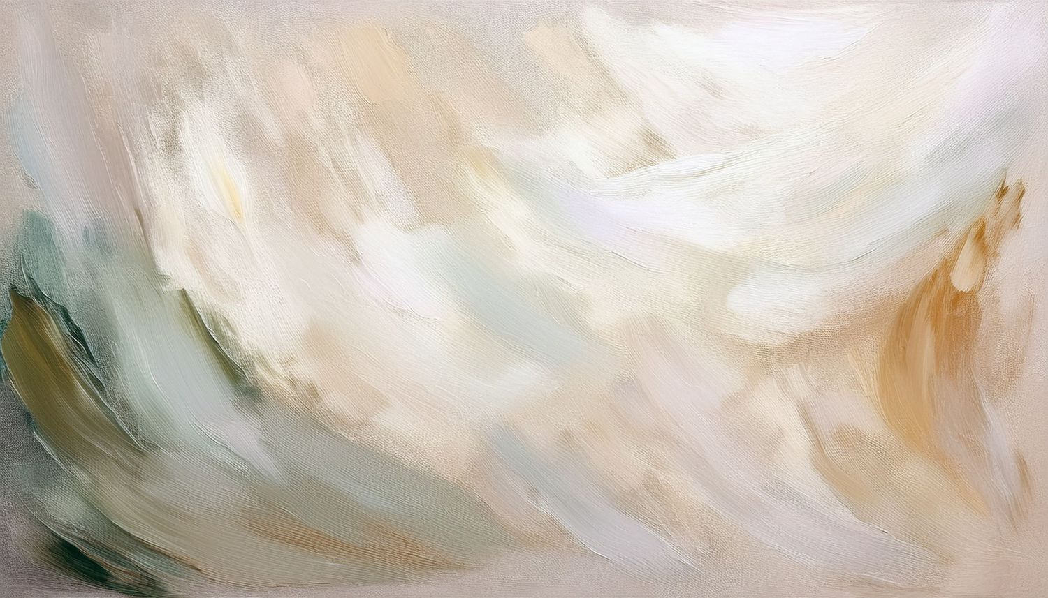 Ethereal abstract painting with flowing white, beige and teal brushstrokes.