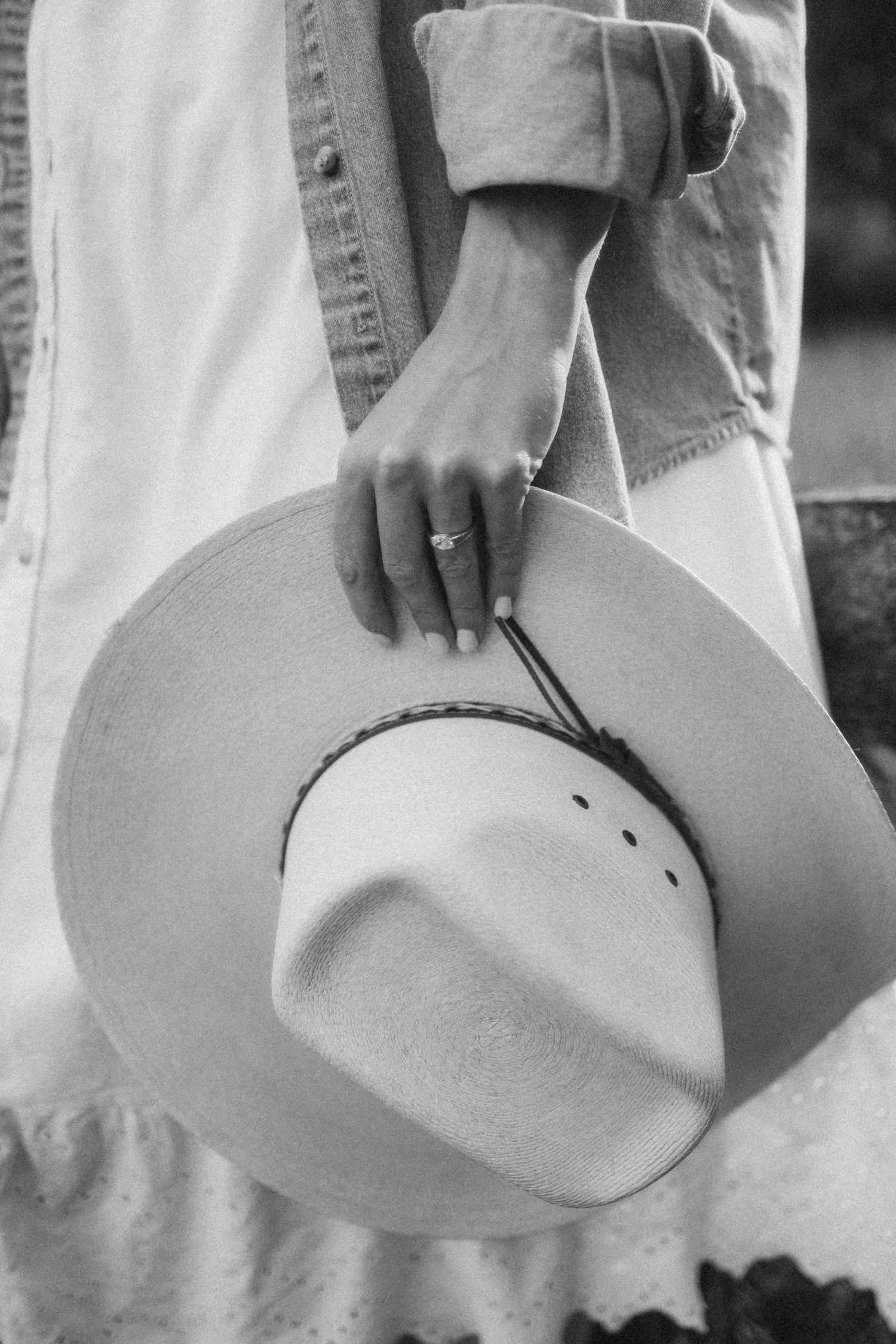 A hand wearing a ring holds a light-colored cowboy hat against a black and white background.