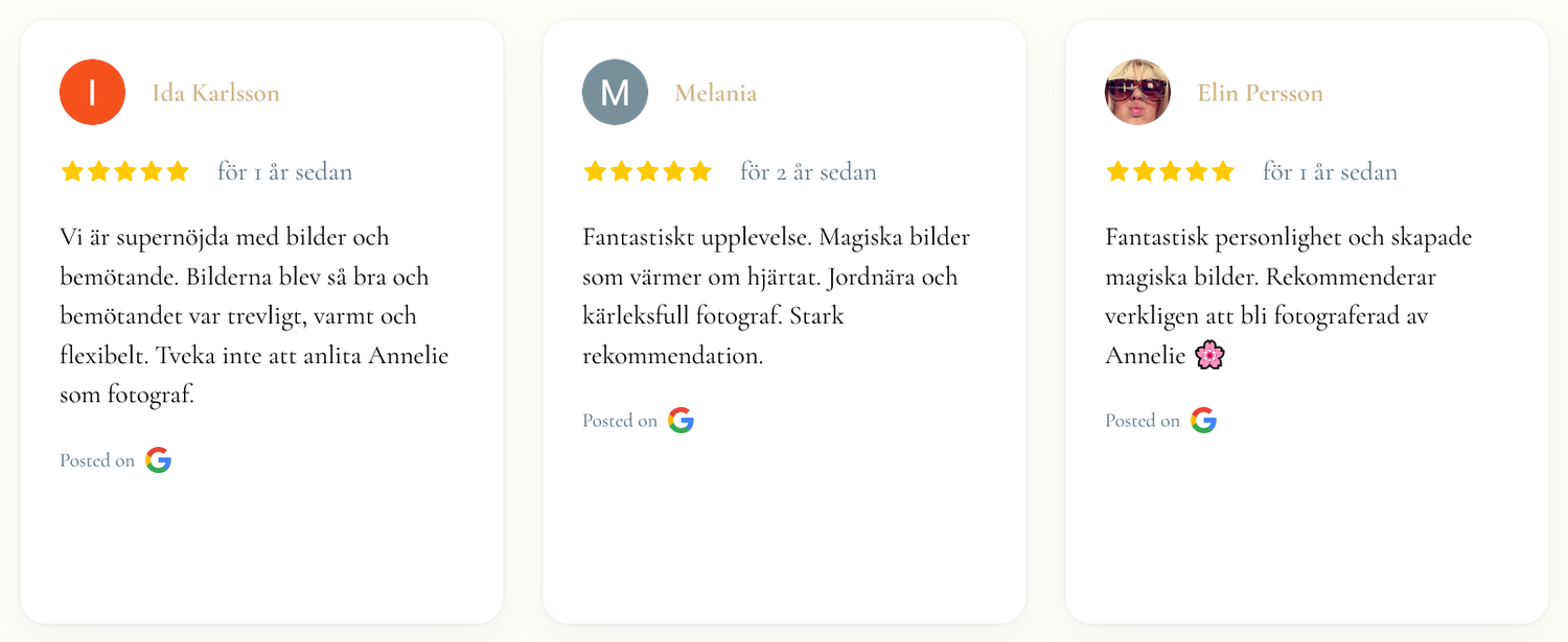 Three 5-star customer review testimonials with profile avatars displayed in a row.
