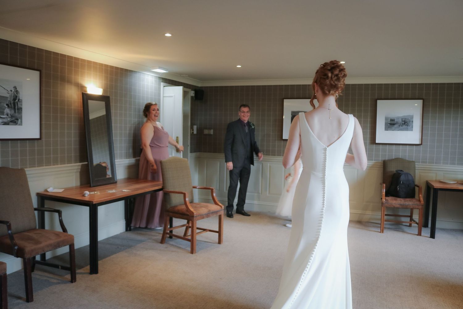 A series of linked wedding photos showing people in formal attire moving through an elegant indoor venue space.