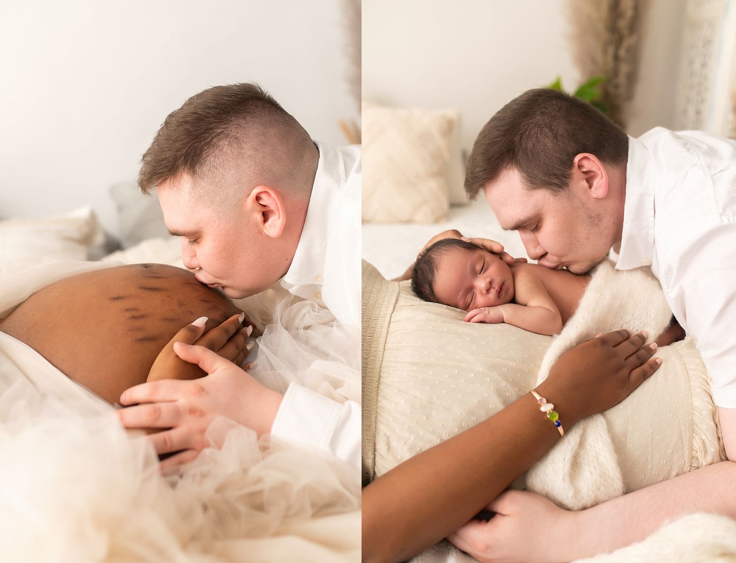 Side by side images showing tender moments between parent and newborn.