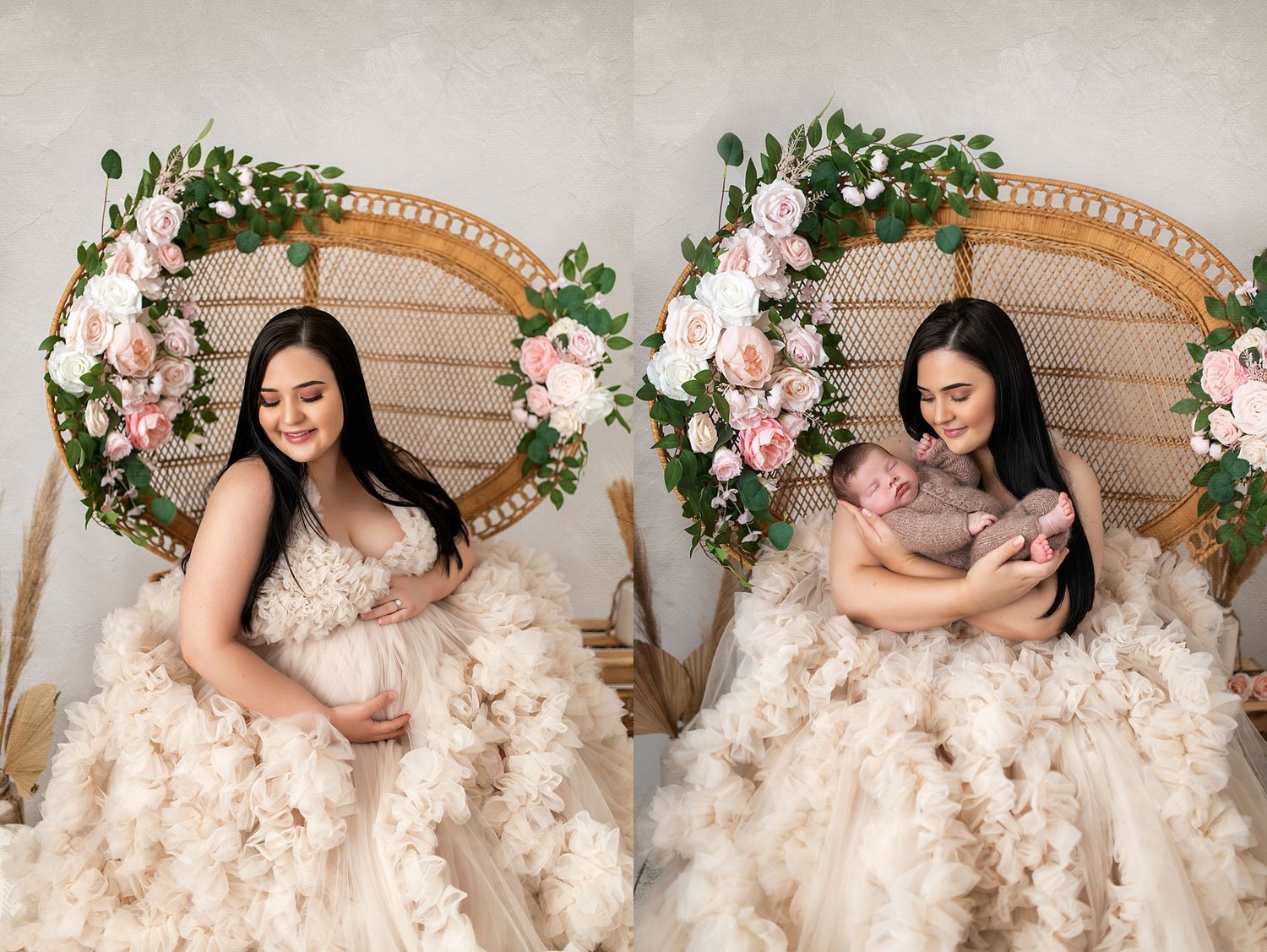 Peachy floral photography setup with rattan peacock chair and draped flowers creating an elegant maternity scene.