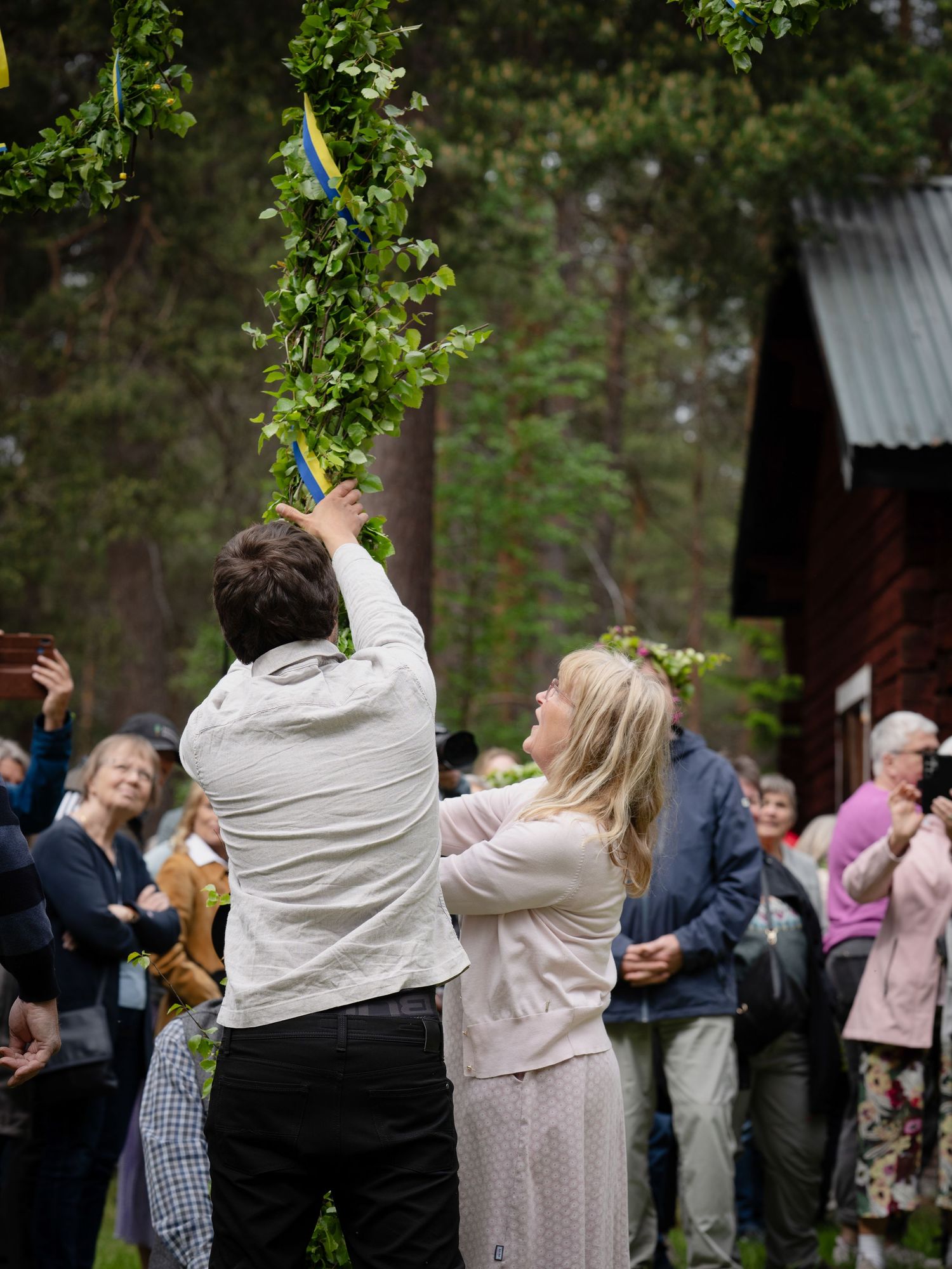 People celebrating midsummer in Sweden by raising the maypole decorated with greenery and flags.