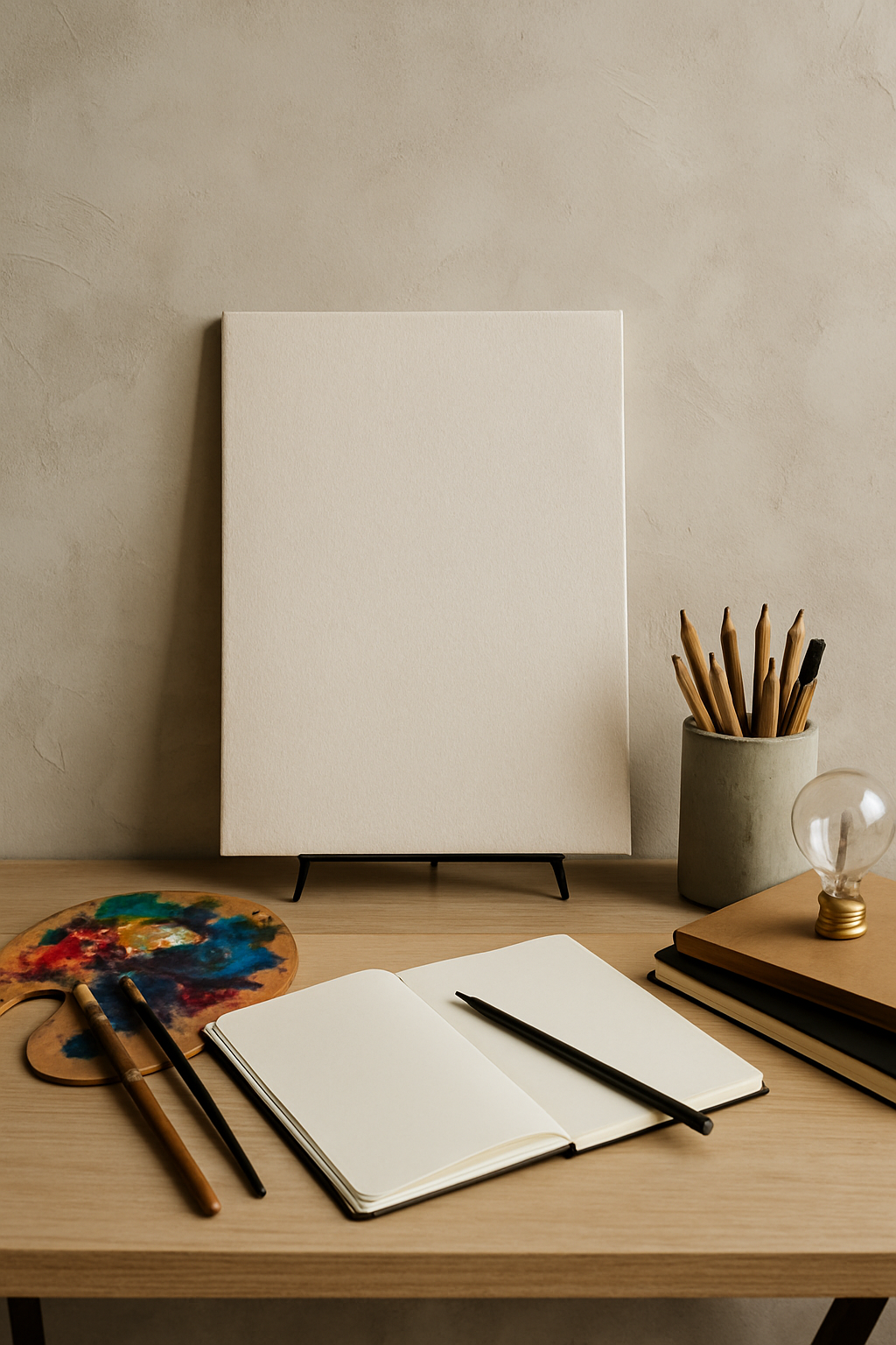 Artist workspace with blank canvas, open notebook, pencils, paintbrushes, and art supplies on wooden desk against beige wall.