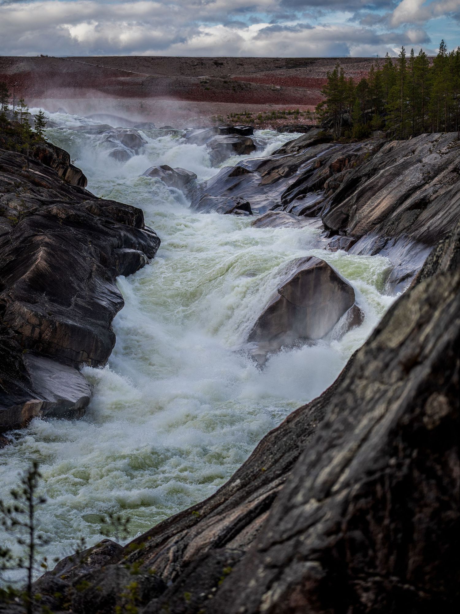Rushing whitewater cascades through jagged rock formations at a dramatic waterfall with evergreen trees on the banks.