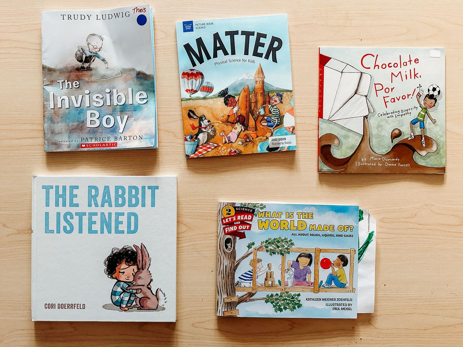Flat lay of five children's books.