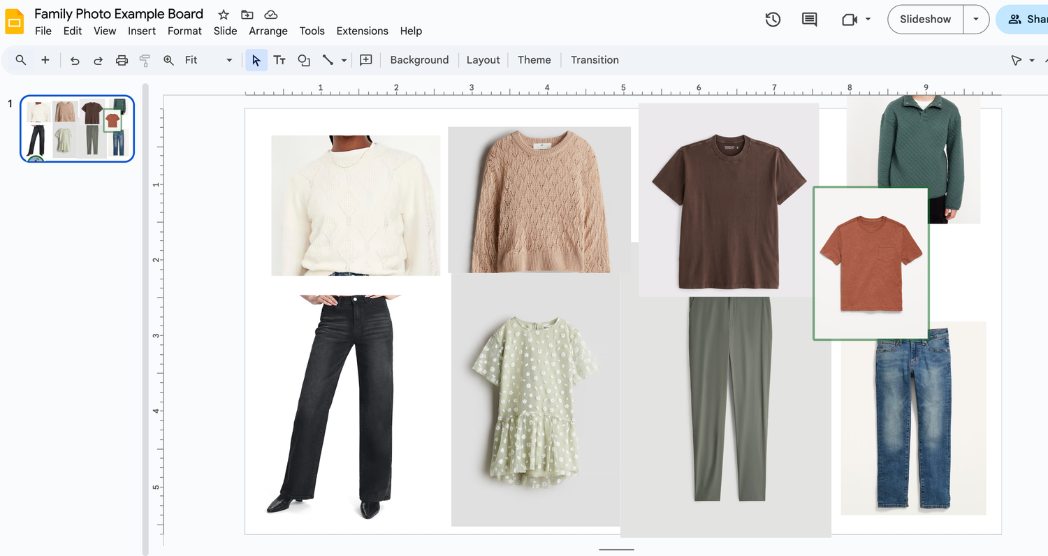 How to use google slides to curate a cohesive family outfit - pictures of outfits for a family of four.