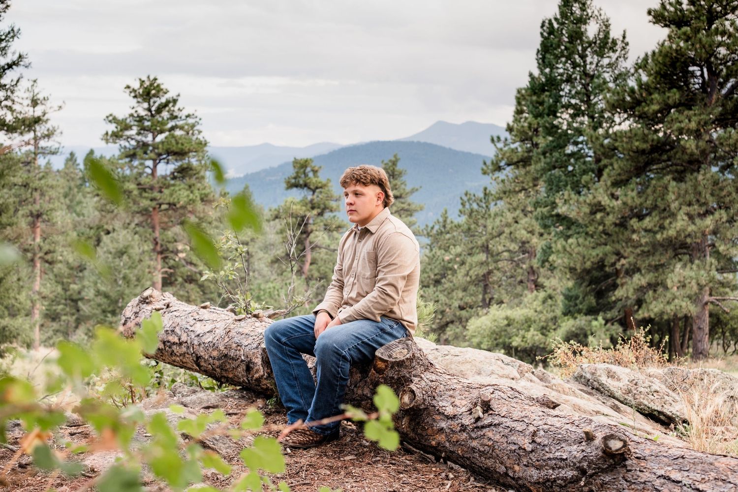 Denver senior portrait session, grad sitting on fallen tree, mountains and evergreens in background.