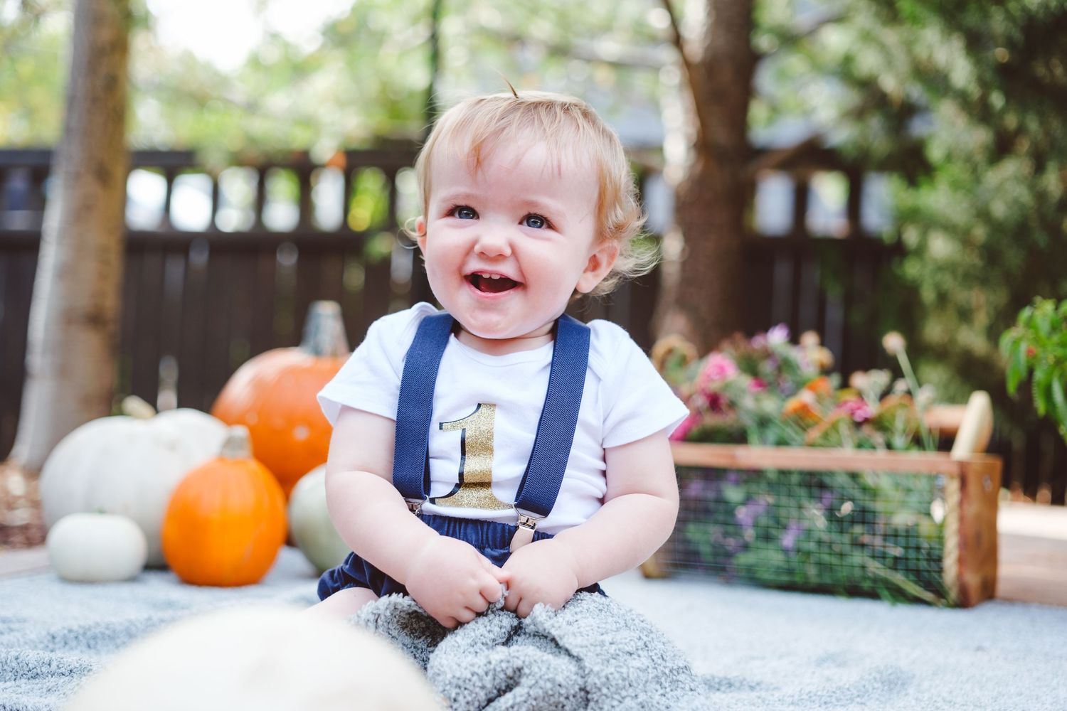One year old boy smiling, sitting on a blanket in his Denver area backyard, pumpkins and flowers in the background.