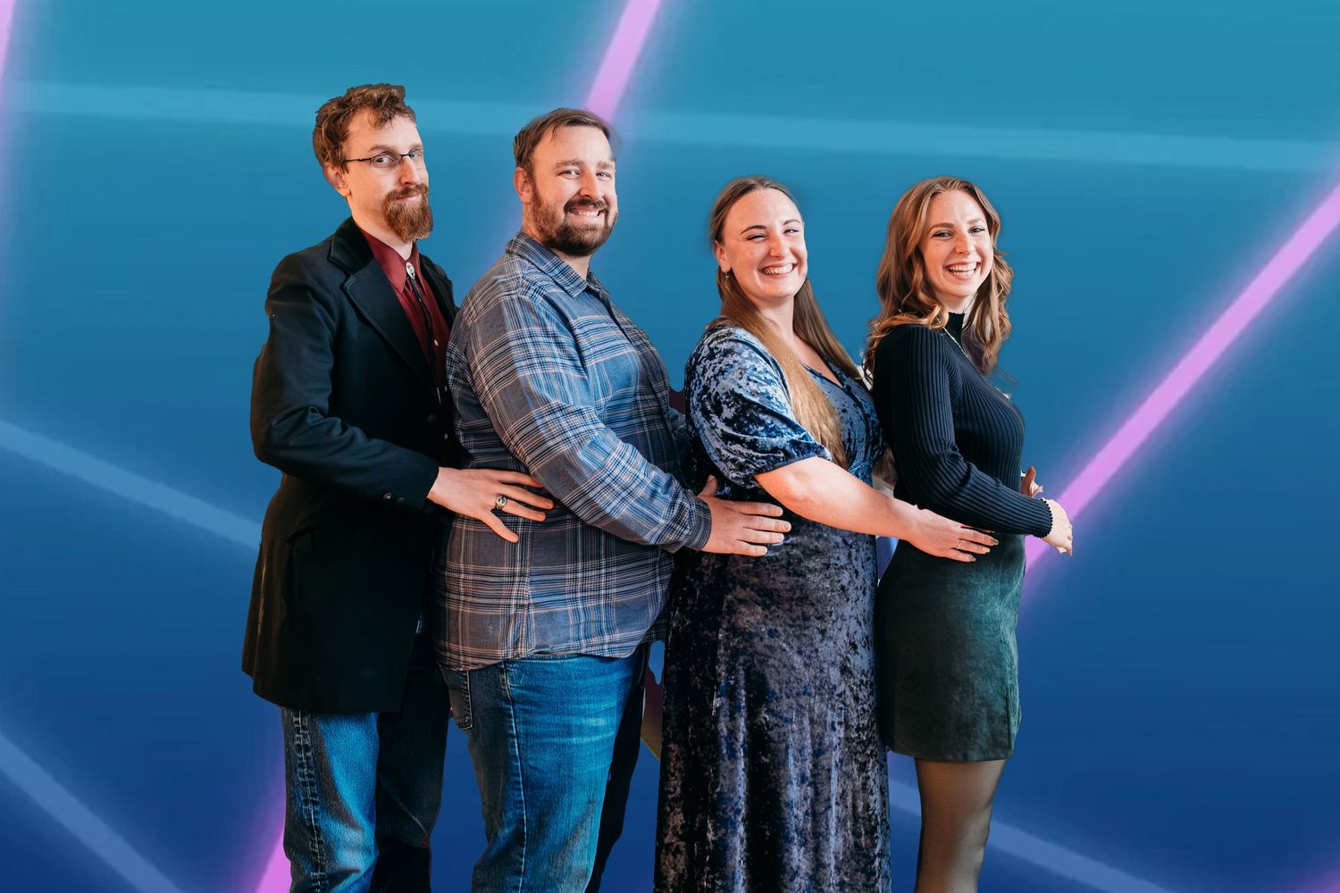 Playful, 1990s inspired awkward family photo of three adult siblings in prom pose.