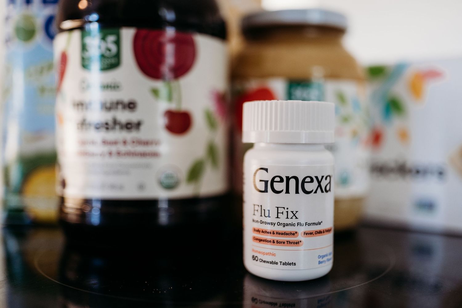 Denver photographer project 365 - flu medicine and healthy foods in background.