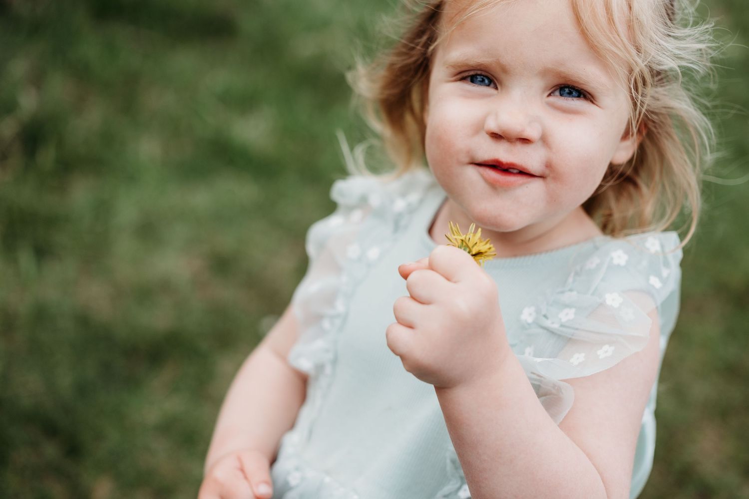 Smiling toddler, holding yellow dandelion flower, hair flowing in wind.