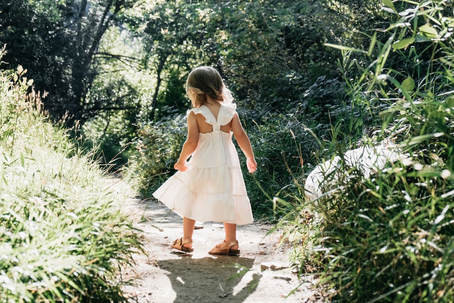 Toddler girl in white dress walking on dirt path surrounded by greenery at Lair o' The Bear, sun shining through trees and shrubs.