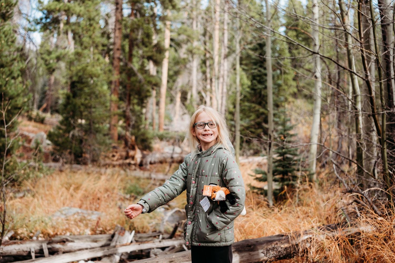 Young girl holding fox stuffed animal in Rocky Mountain National Park forest near Estes, CO