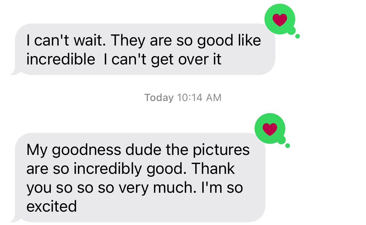 Testimonial text message screenshot says