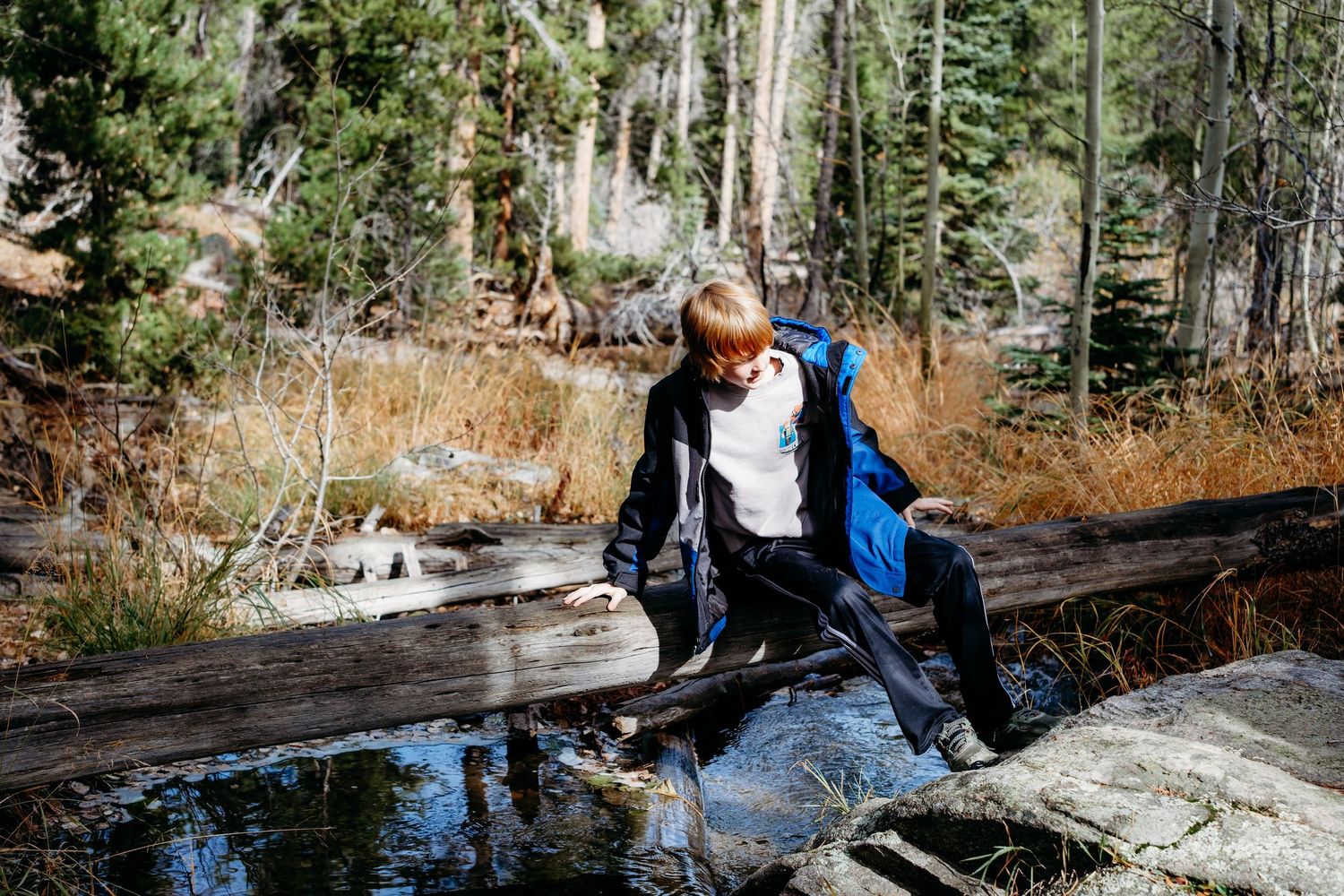 Boy sitting on log off small creek in Rocky Mountain National Park.