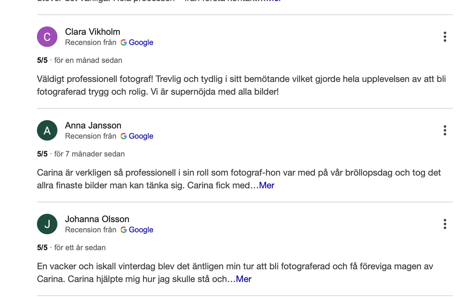 Screenshot of Google reviews in Swedish language for photography services.