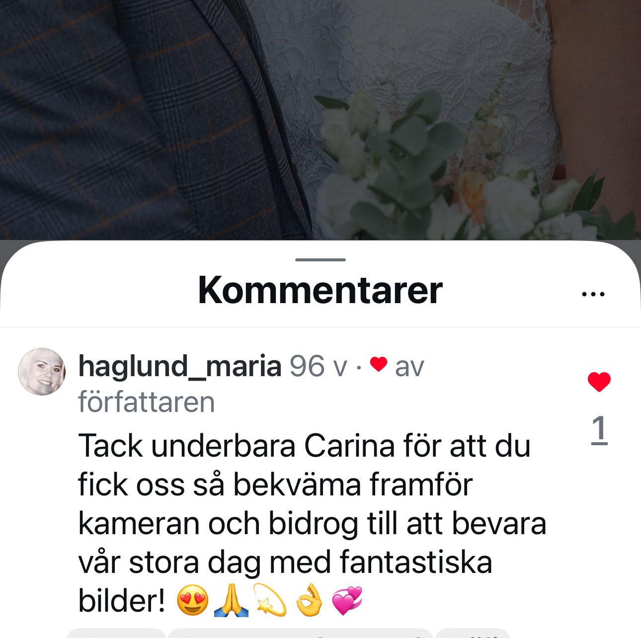 Social media screenshot showing a comment in Swedish with heart and emoji reactions.