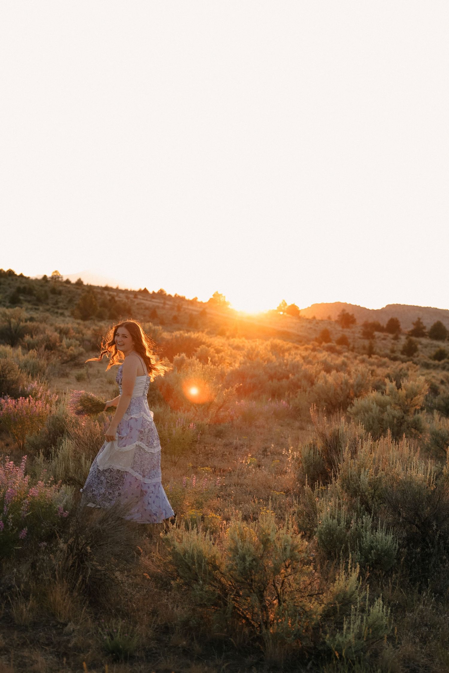 Golden light illuminates desert brush and rolling hills at sunset with a dreamy, ethereal quality.