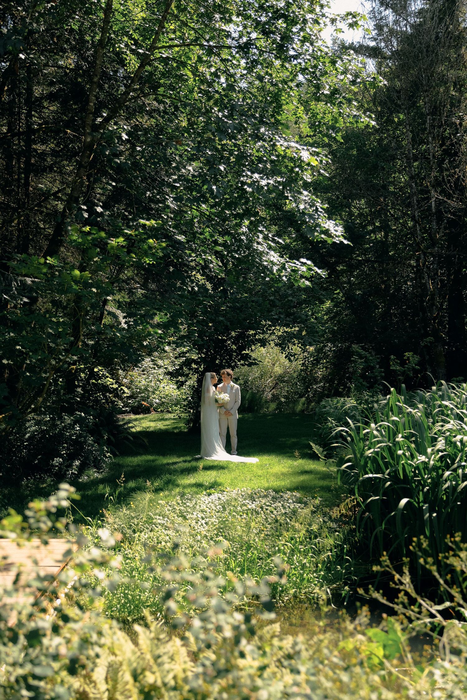 A couple embraces in a sunlit garden clearing surrounded by lush green trees and foliage.