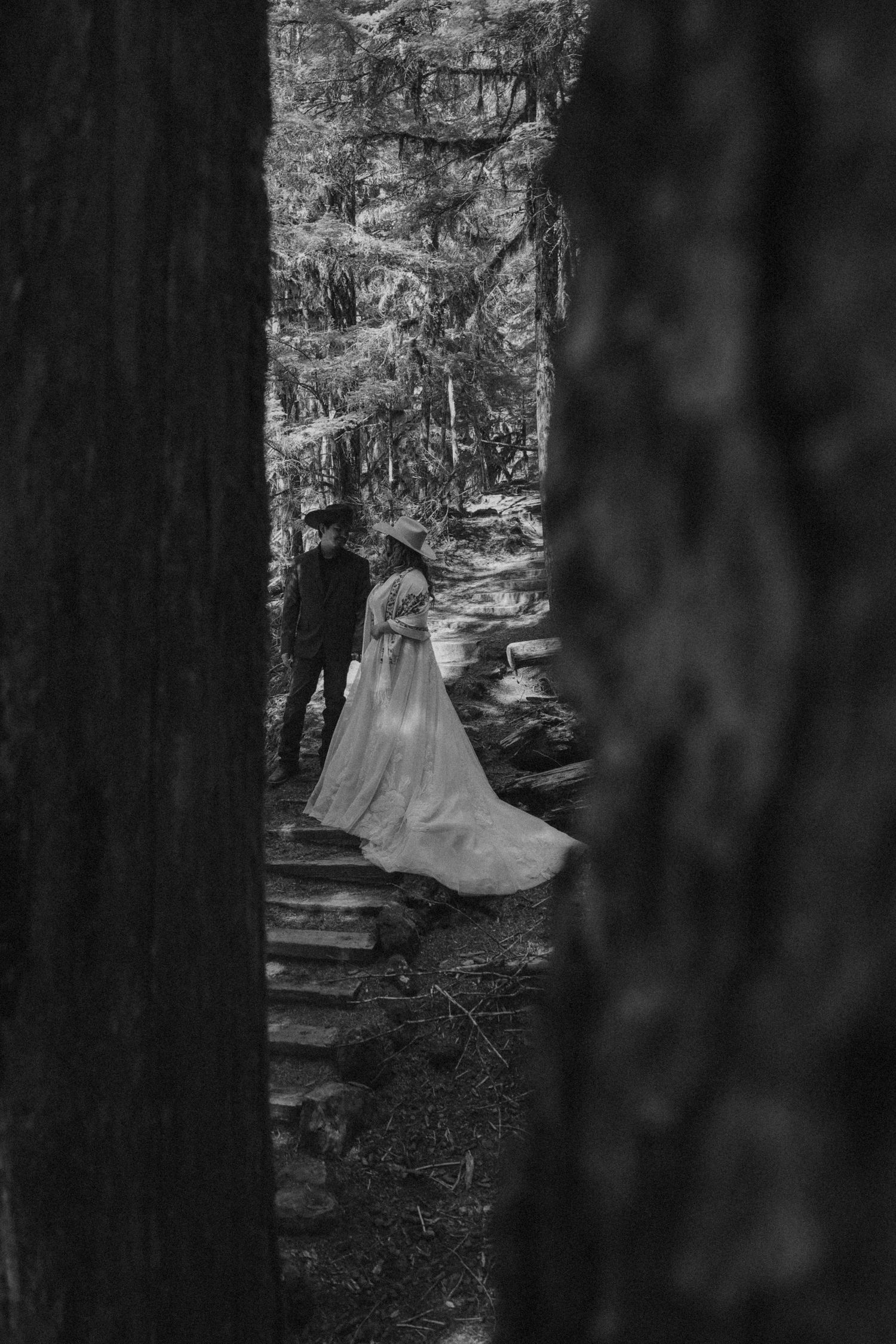 Black and white wedding photo through tree trunks showing couple on forest path.
