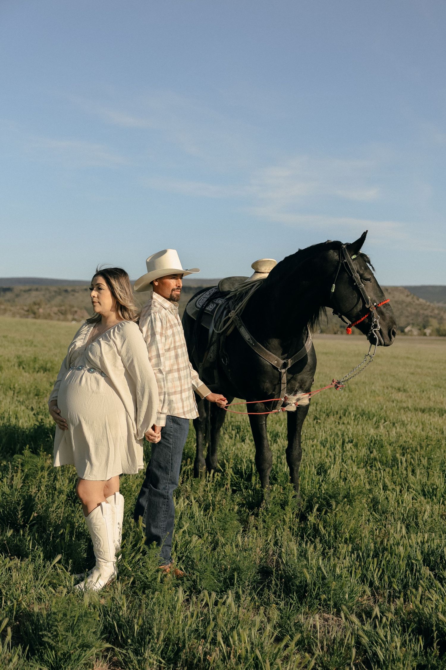 A couple interacts with a black horse in a sunny meadow.