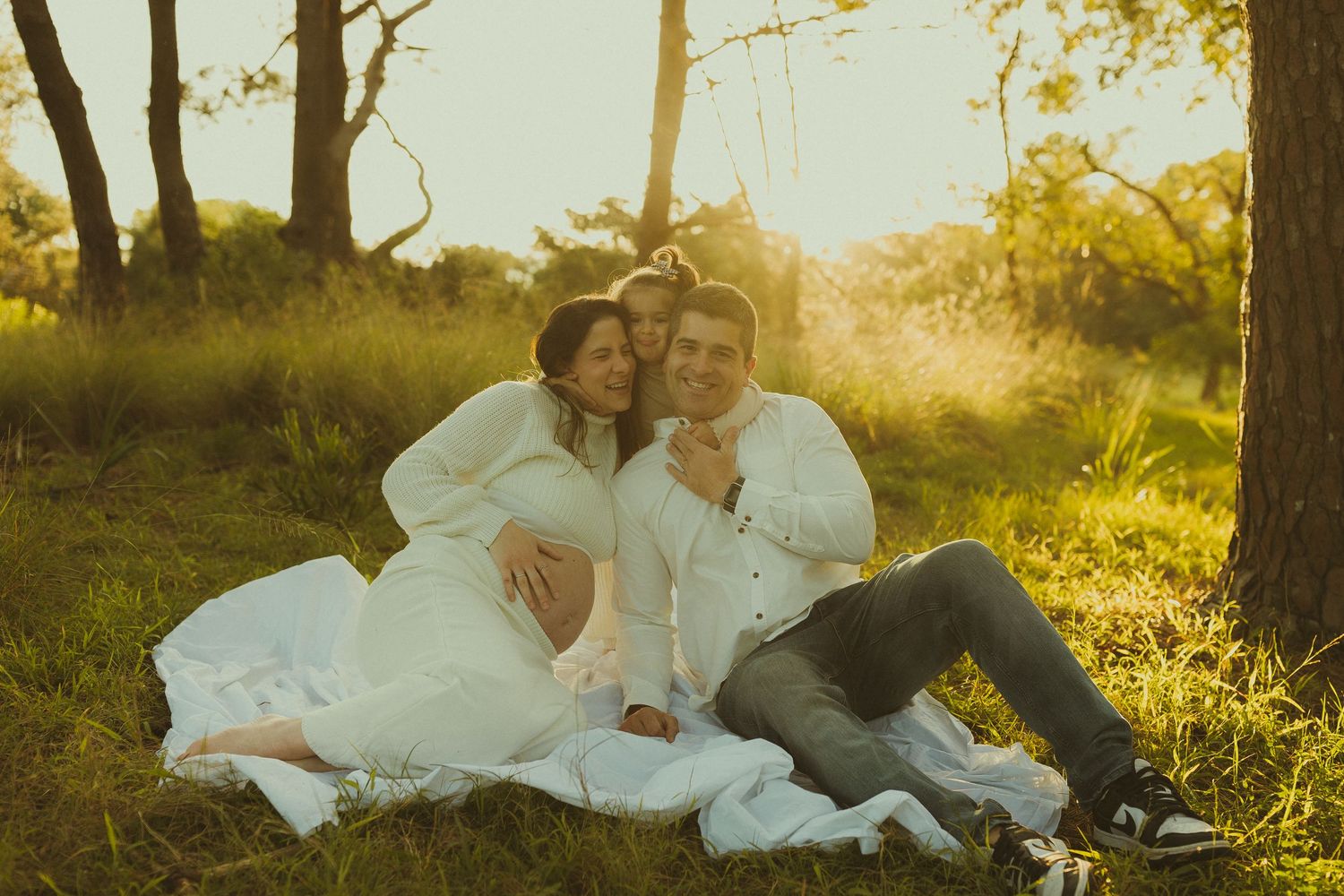 Two figures cuddle together on a grassy hill bathed in warm sunset light surrounded by nature.