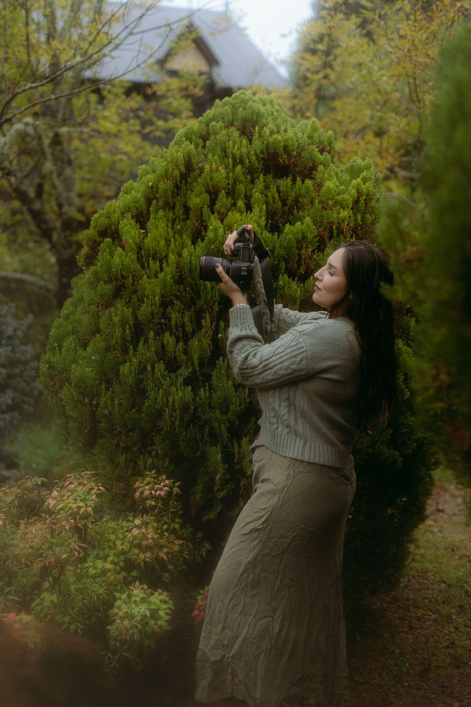 A photographer in a beige sweater and long skirt photographs a tall evergreen bush in a garden setting.