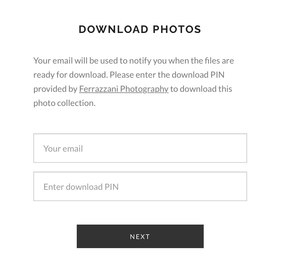 A download photos form interface with email and PIN input fields and a next button.