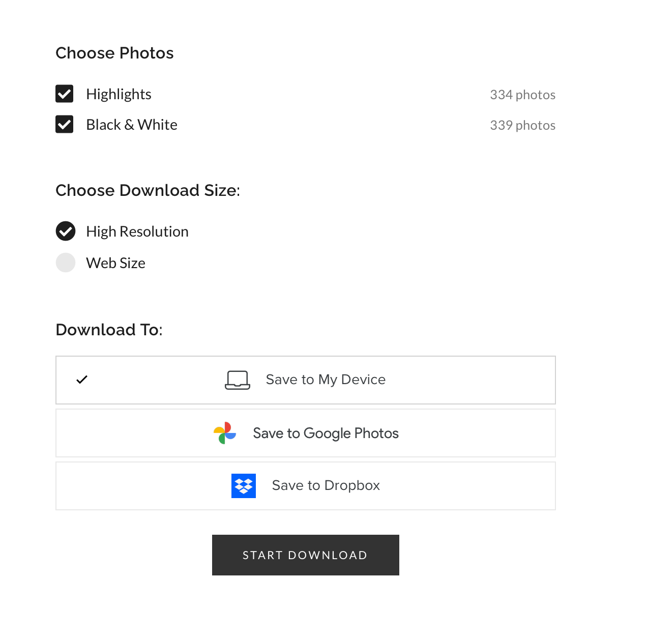 Photo download settings interface showing options for highlights, black and white, resolution choice and save destinations.