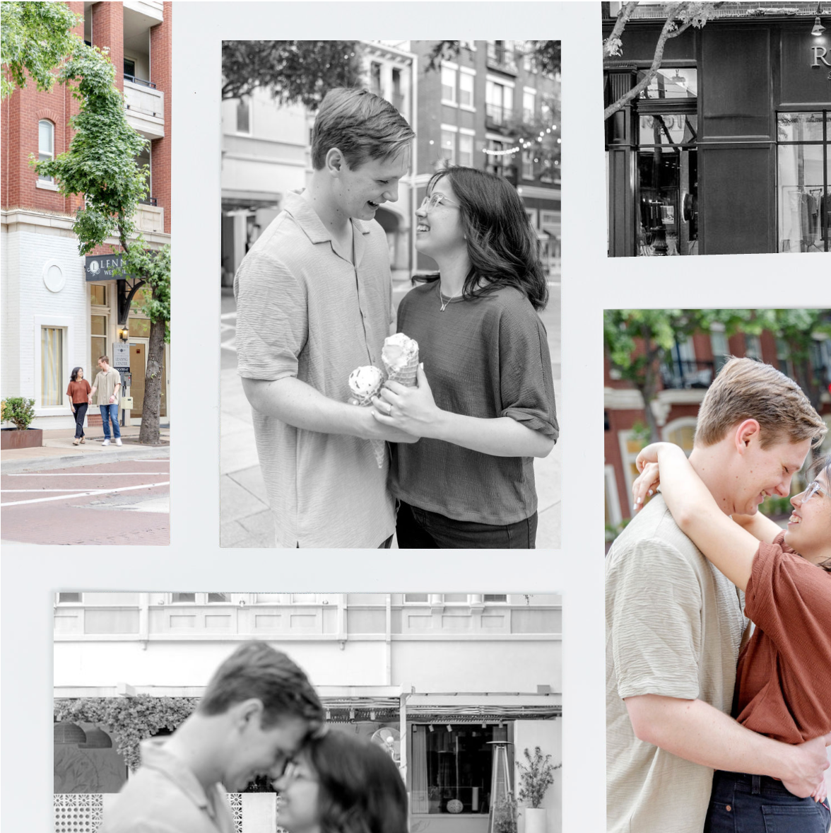 Black and white and color romantic photos of a couple embracing and looking at each other affectionately in an urban setting.