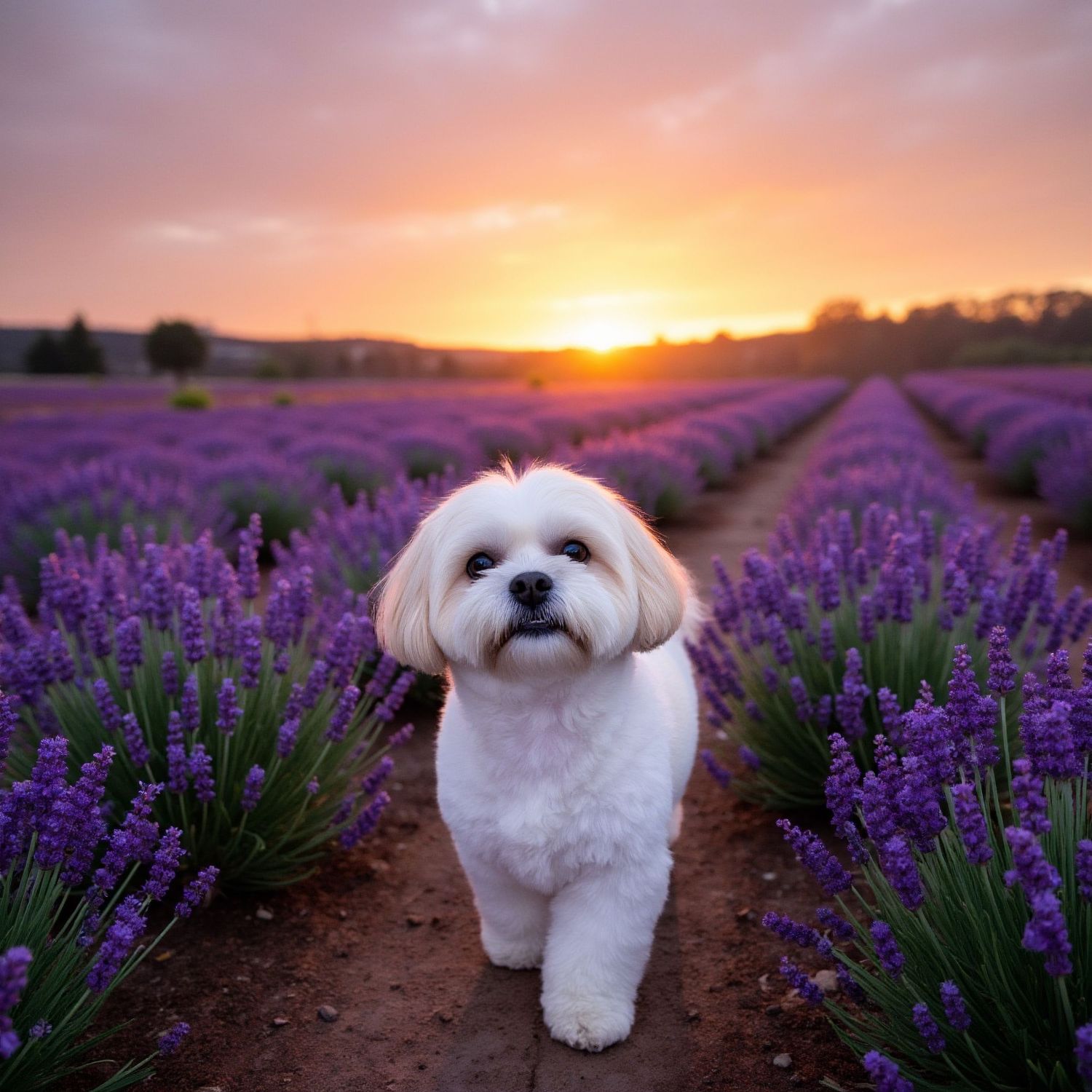 White fluffy dog poses in a lavender field during golden sunset.