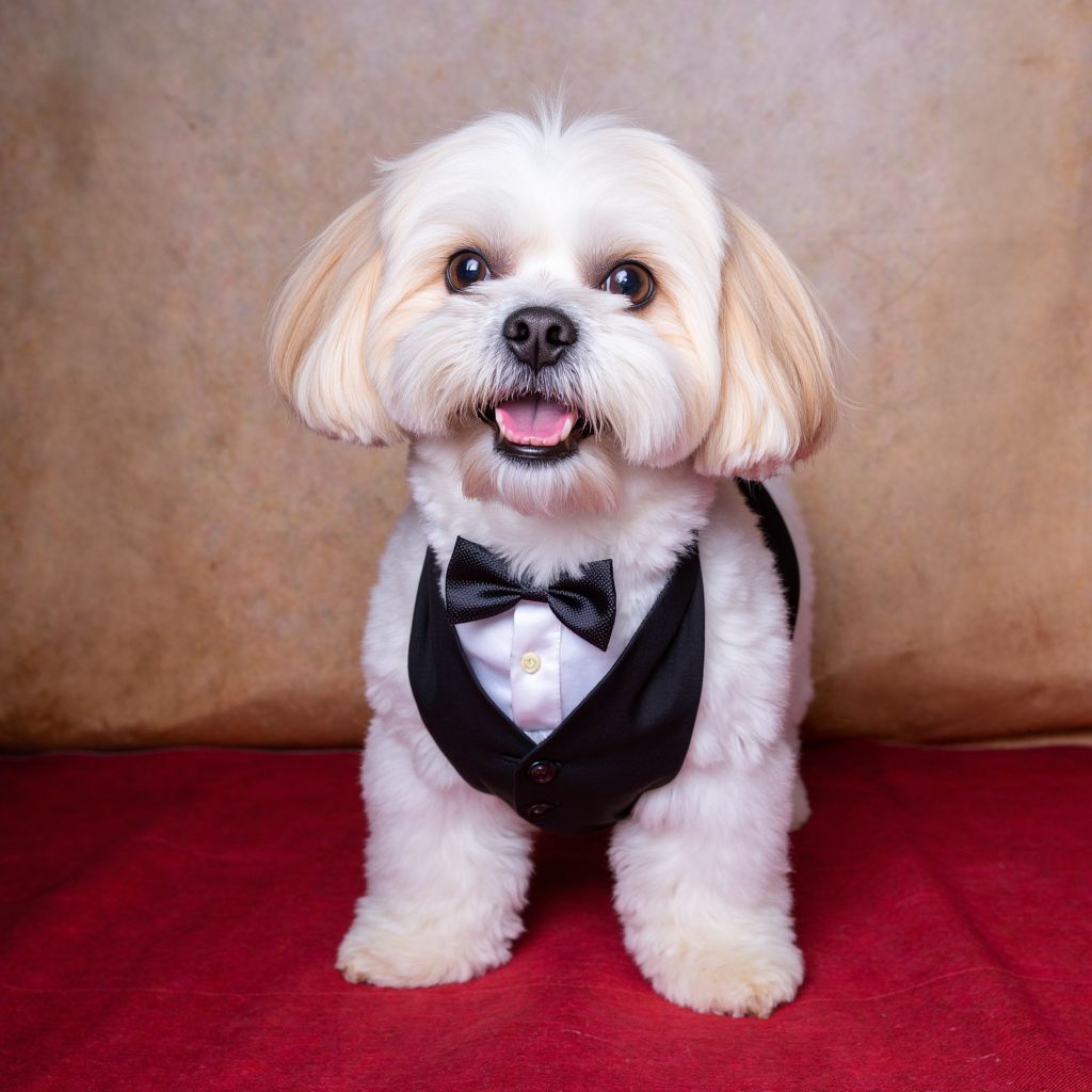 Small white dog wearing a formal black vest with bowtie sits on red backdrop.