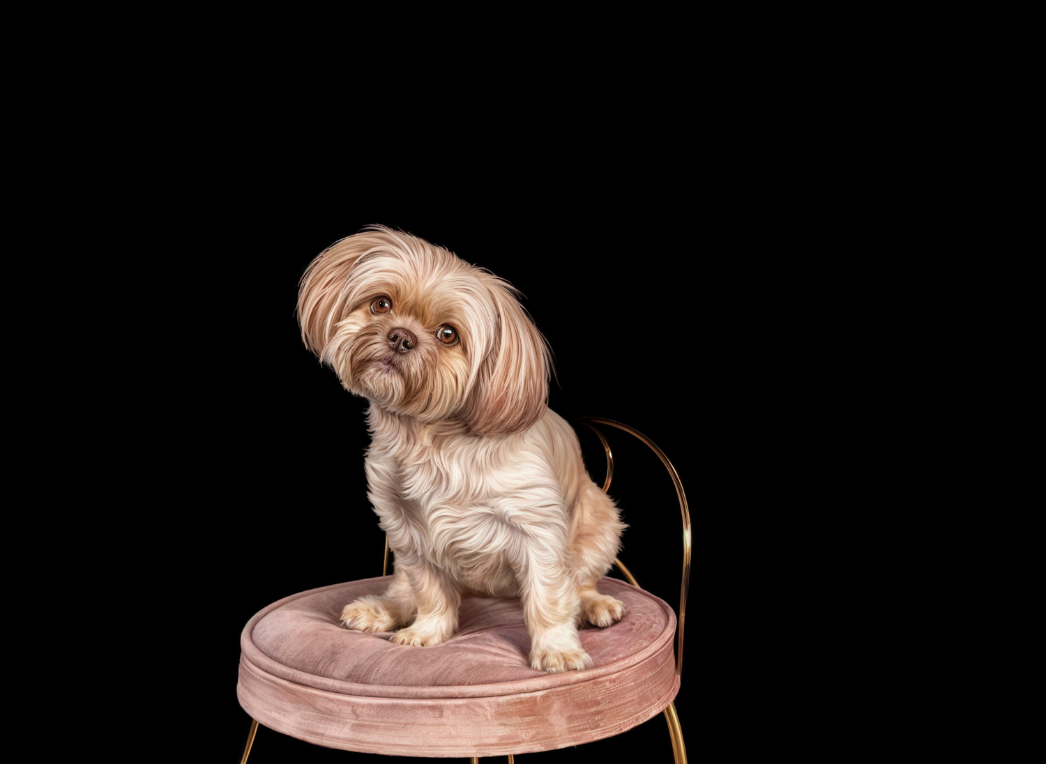 Small Shih Tzu dog with tan fur sitting elegantly on a round pink cushioned stool against black background.