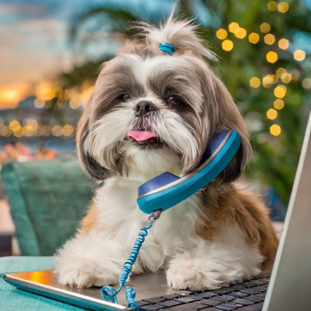 Shih Tzu dog with blue headset resting on laptop keyboard with bokeh lights in background.