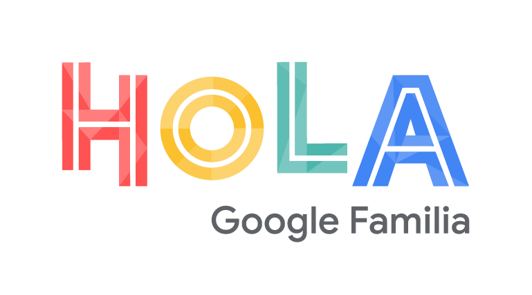 The Google Familia logo with rainbow-colored HOLA text displayed twice and gray company name text on a white background.