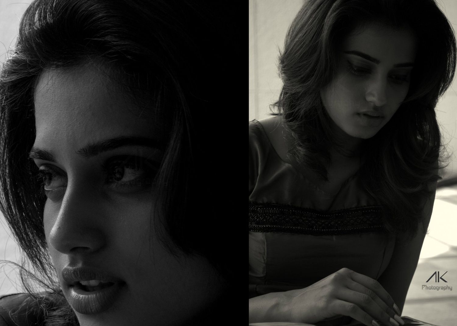 Black and white artistic portrait photography with moody lighting and shadows.