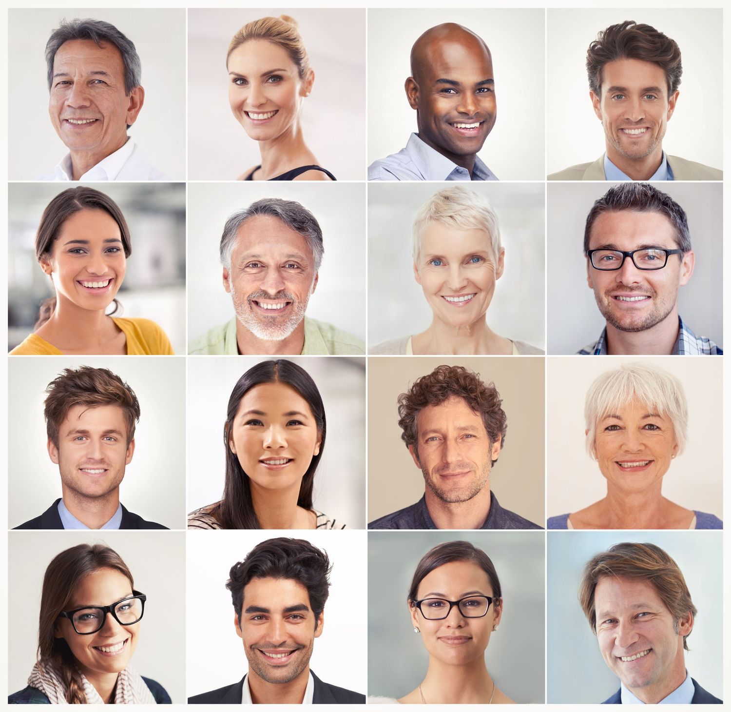 A grid of diverse professional headshots showing people of different ages and backgrounds smiling at the camera.