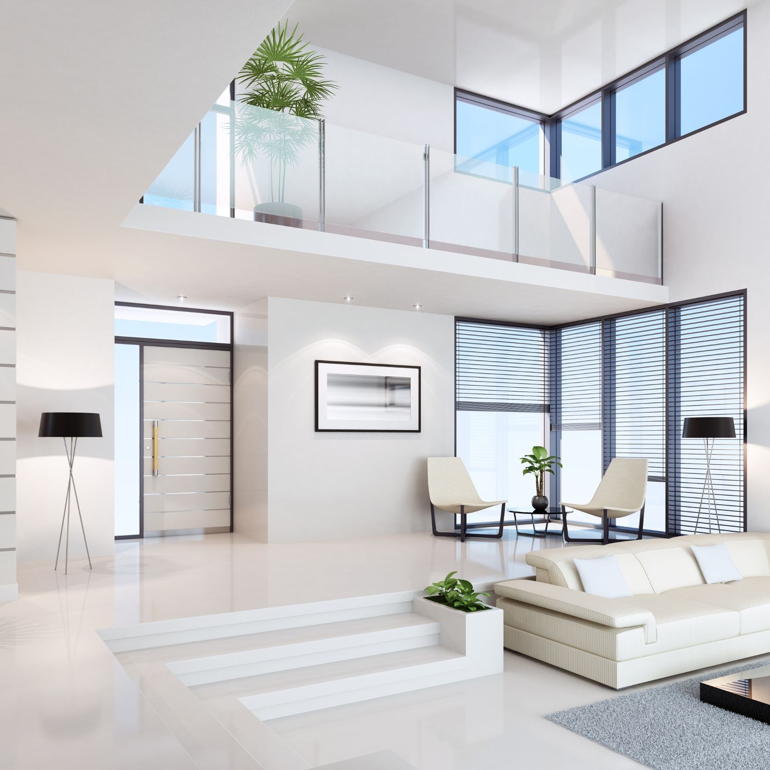 Modern white living room interior with high ceiling, glass walls and mezzanine level featuring minimalist furniture and decor.