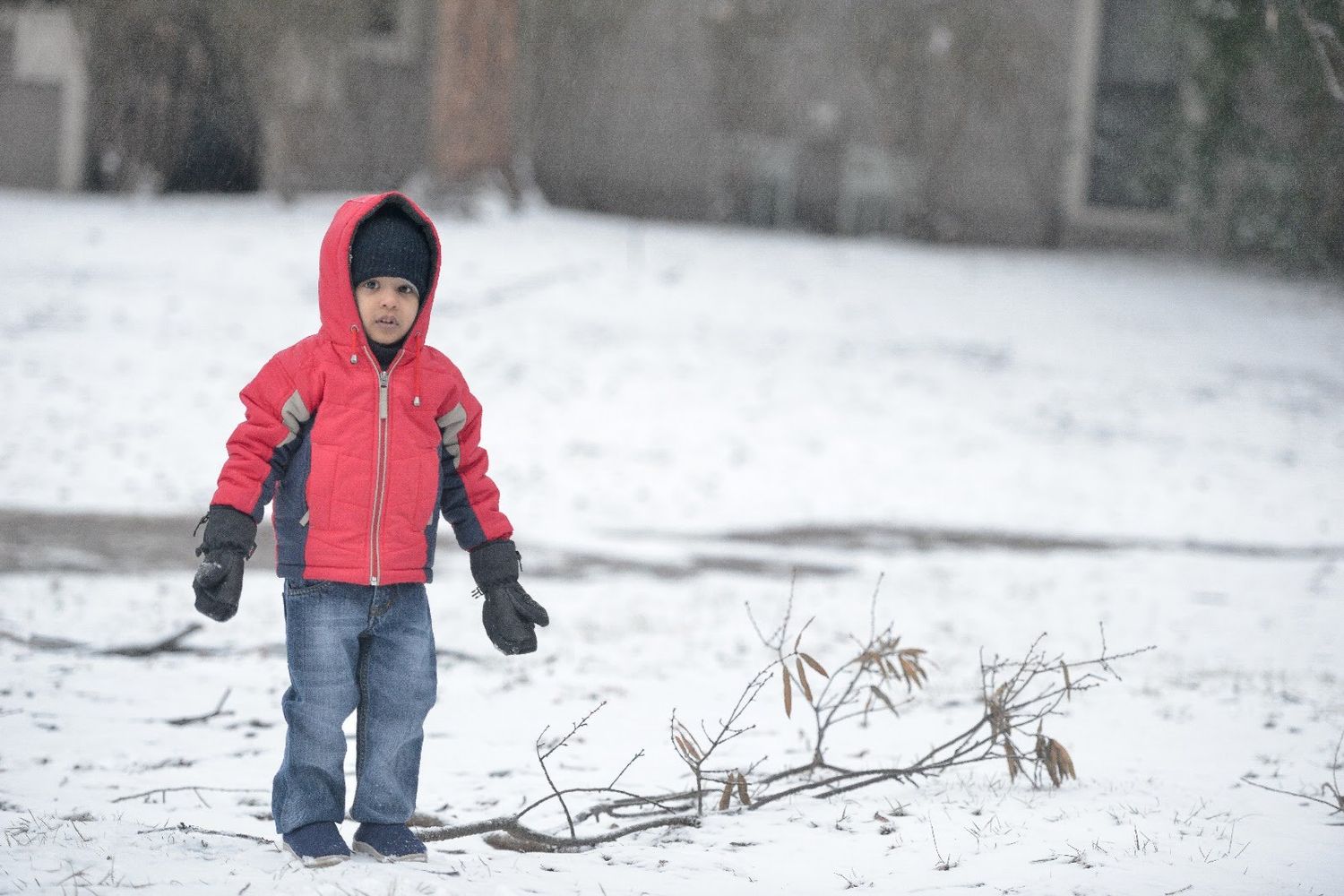 A child in a red winter jacket walks through a snowy landscape.
