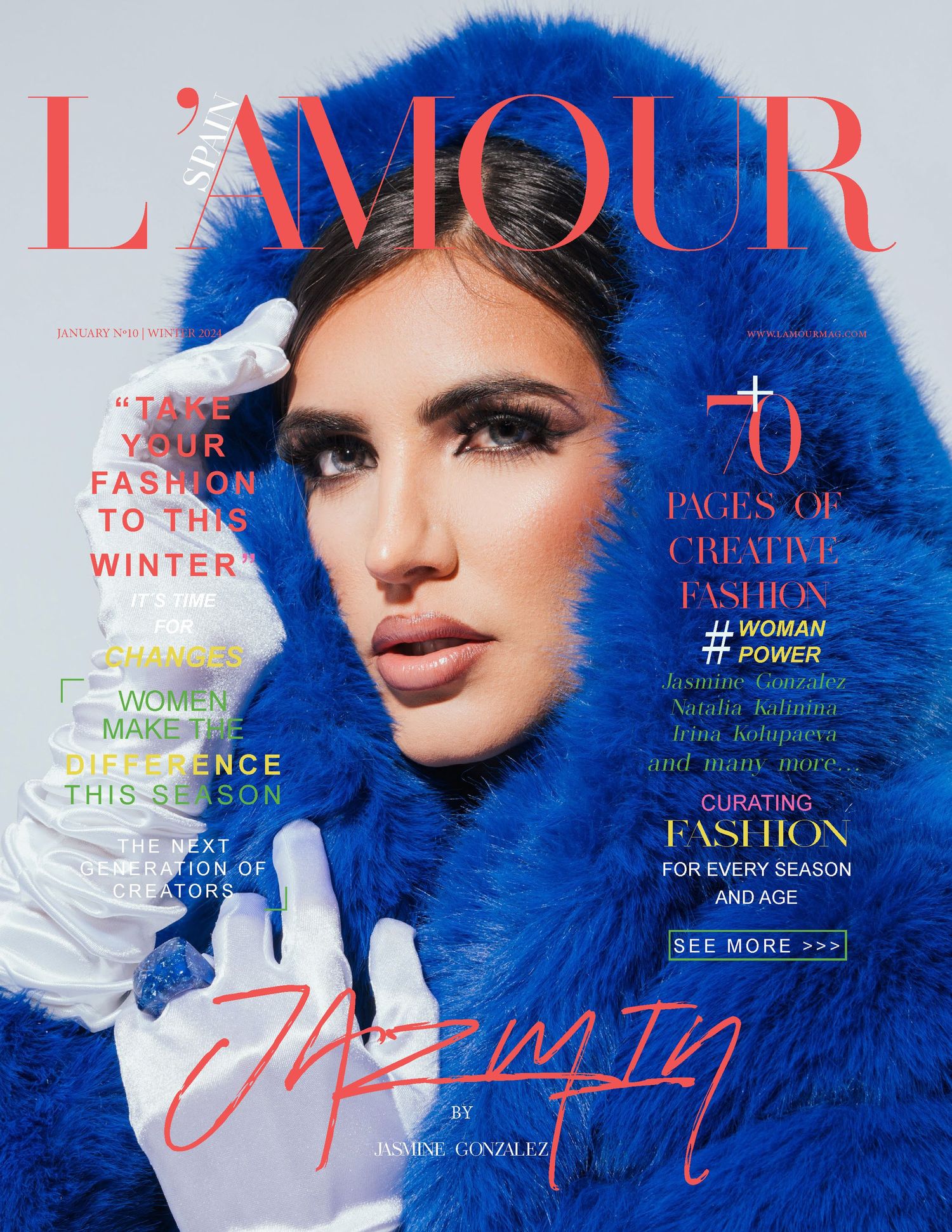 Fashion magazine cover with model in blue fur hood and glamorous makeup against white background.